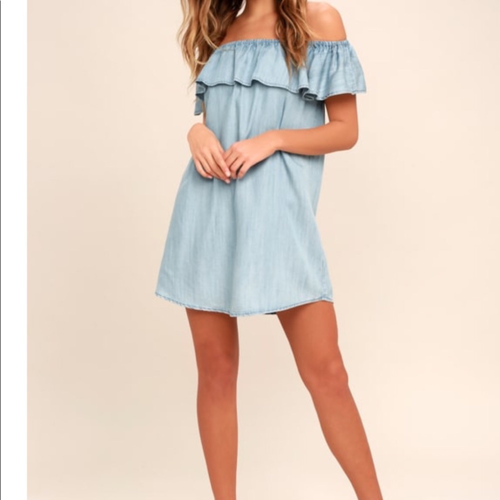 Light Blue Chambray Off-the-Shoulder Dress